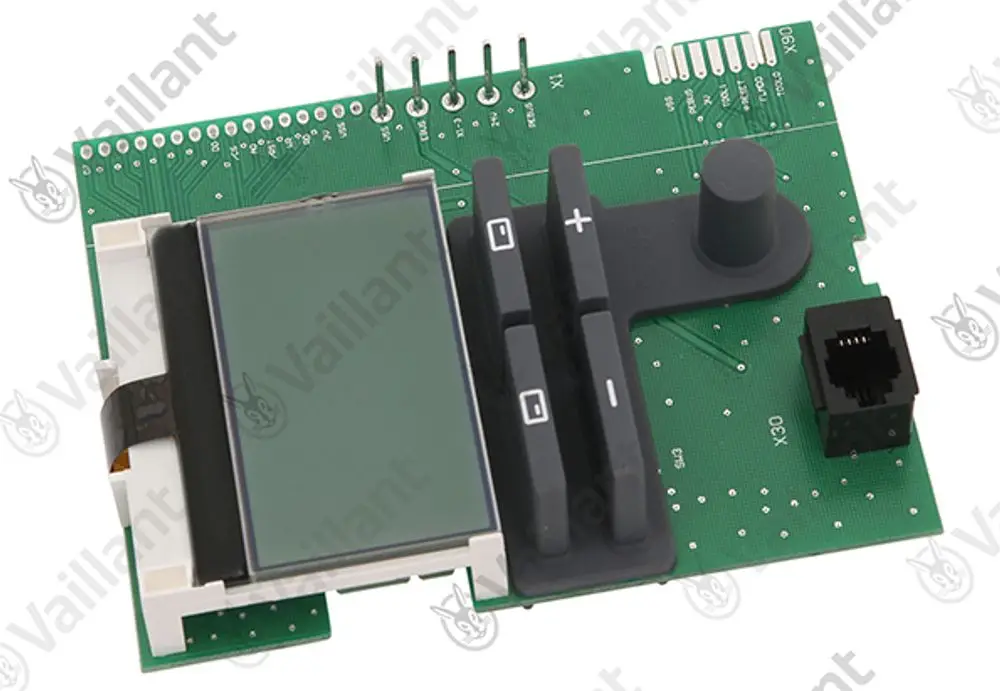 Vaillant Display mit grauem Gehäuse, Steuerknöpfen und Steckeranschluss auf einer elektrischen Platine. Bildschirm im Vordergrund, Tastenelemente auf der rechten Seite.
